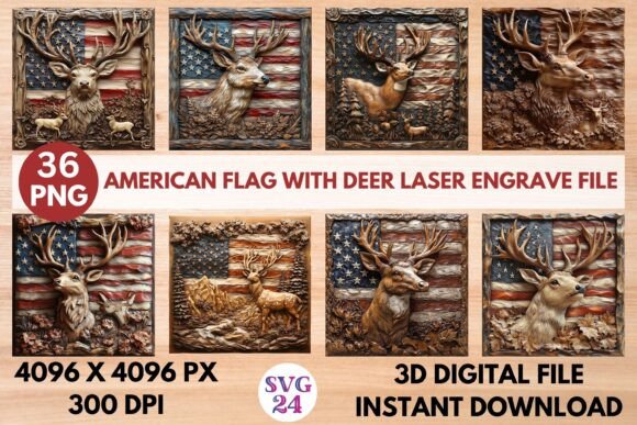 American Flag with Deer Laser Engrave Fi