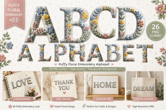 Puffy Floral Embroidery Alphabet: 3D Style